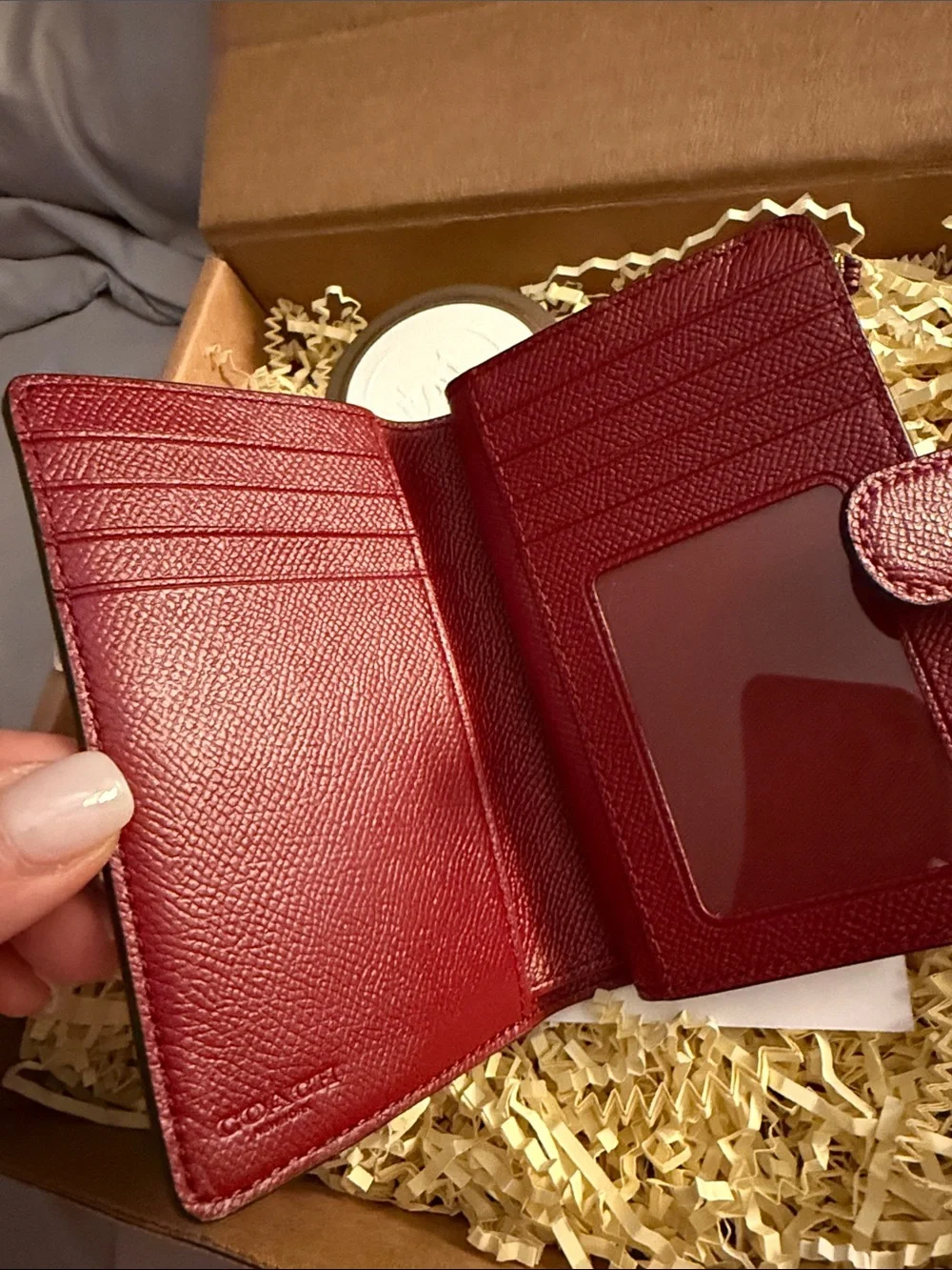 Coach Red Saffiano Leather Snap Wallet with Gold Logo